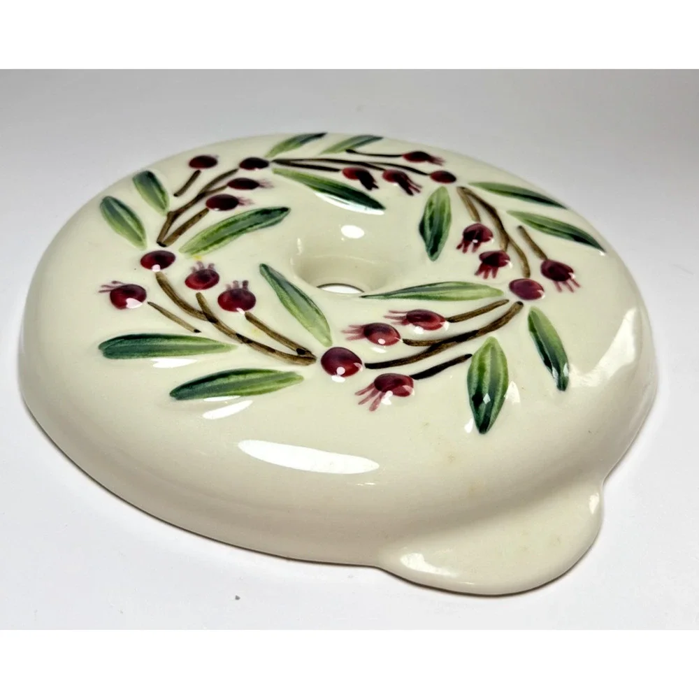 Round Ceramic Cookie Bread Pan Mold Olive Branch Leaves Berries Stoneware 9.25